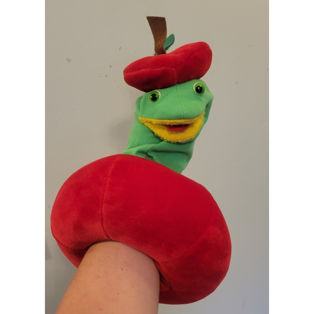 Vintage 1990 Century Products Worm in Apple Plush Hand Puppet Squeaker Toy 8x8